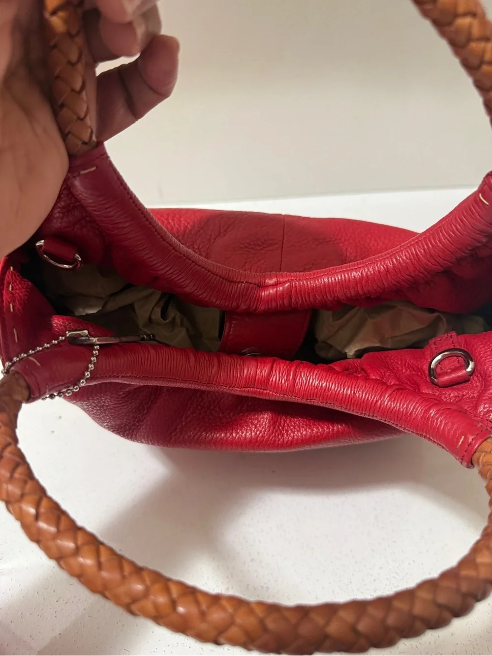 Fossil Red Leather Handbag with Braided Handles